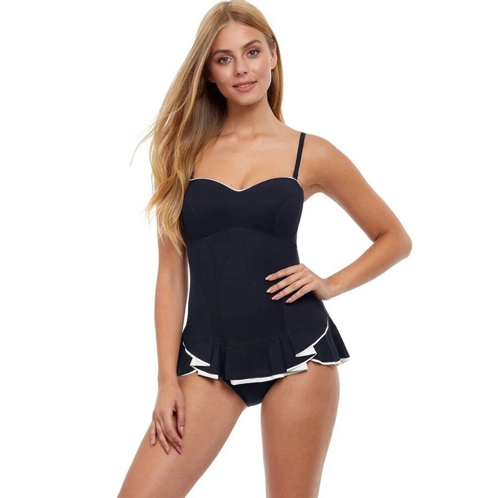 Profile Gottex Black White Pinup Ruffle One Piece Swimsuit Retro Flirty 6 NEW